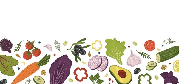 Gesunde Ernährung Hintergrund mit Kopierraum. Obst und Gemüse handgezeichnete Vektorillustration. Grüne, Karotten, Oliven, Avocado — Stockvektor
