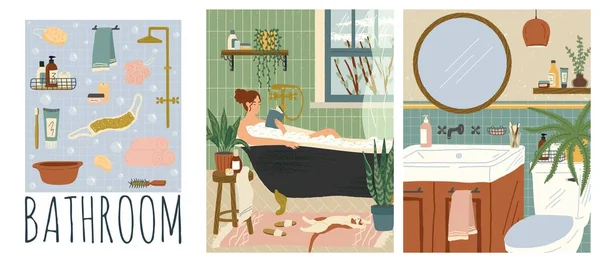 浴室内向量集手绘图解.女人在浴缸里休息的时候看书。浴室配件、卫生间、家庭室内 — 图库矢量图片