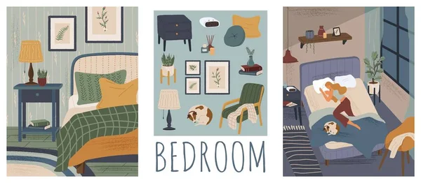 Woman sleeping in bed with a dog. Bedroom interior hand drawn vector illustration set. Home modern interior design. Cozy room furniture and accessories — 스톡 벡터