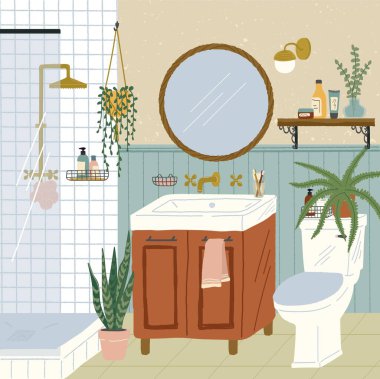 Banyo içinde duş, tuvalet ve lavabo var. Konforlu İskandinav tarzında el çizimi vektör çizimi. Ev iç tasarımı