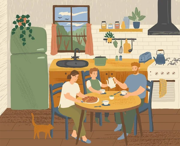 Mutlu bir aile mutfakta kahvaltı yapıyor. Modern mutfak içi el yapımı vektör çizimi. İskandinav karikatür tarzında yemek masası. Samimi hygge tasarımı