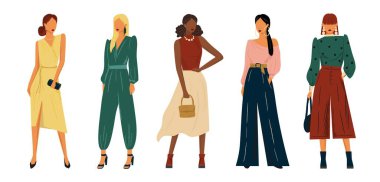 Moda modelleri tasarım giysileri vektör el çizimi. Şık giyinmiş bir kadın. Moda kıyafetli mankenler.