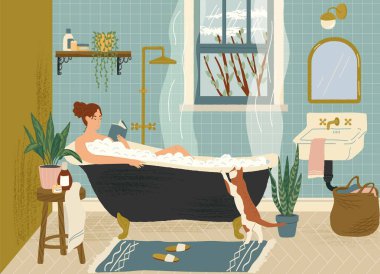 Küvette rahatlarken kitap okuyan bir kadın. Banyo içi el yapımı vektör çizimi. Konforlu ev içi