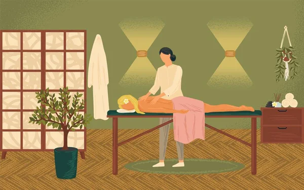 Ontspannen vrouw krijgen thai massage in wellness spa concept vector illustratie. Massage therapie en lichaamsbehandeling poster — Stockvector