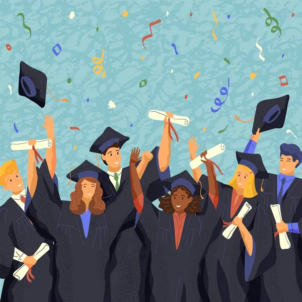 Önlük ve mezuniyet şapkası takan bir grup mezun öğrenci. Üniversite öğrencileri diploma sahibi ve mezuniyet günü vektör illüstrasyonunu kutluyorlar. Üniversite töreni, akademik diploma