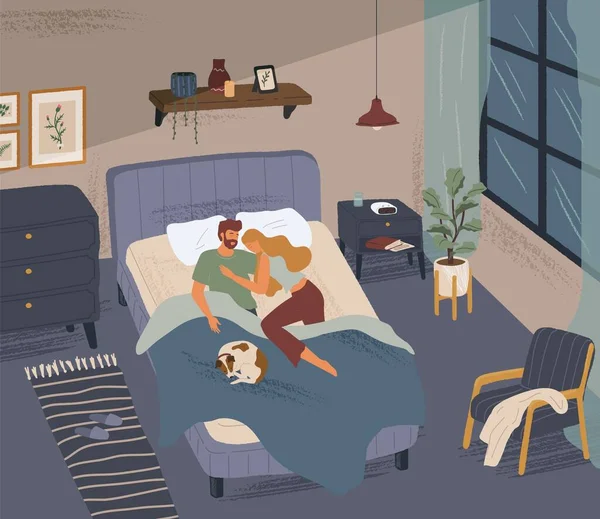 Szczęśliwa para sypiająca razem w nowoczesnej sypialni. Mężczyzna i kobieta przytulają się w łóżku. Ręcznie rysowany wektor ilustracji. Home sypialnia wnętrz — Wektor stockowy
