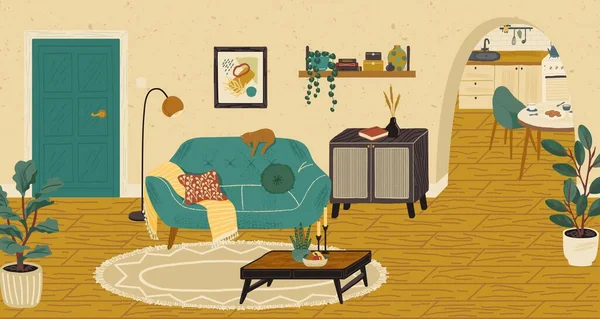 客厅内手绘矢量图解.家庭现代室内设计。舒适的房间家具和配件。舒适的沙发、桌子、沙发、椅子 — 图库矢量图片