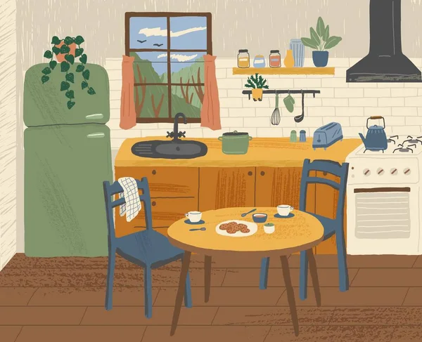 Nowoczesne wnętrze kuchni ręcznie rysowane wektor ilustracji. Kuchnia ze stołem w skandynawskim stylu kreskówki. Przytulny projekt hygge. Wnętrze — Wektor stockowy