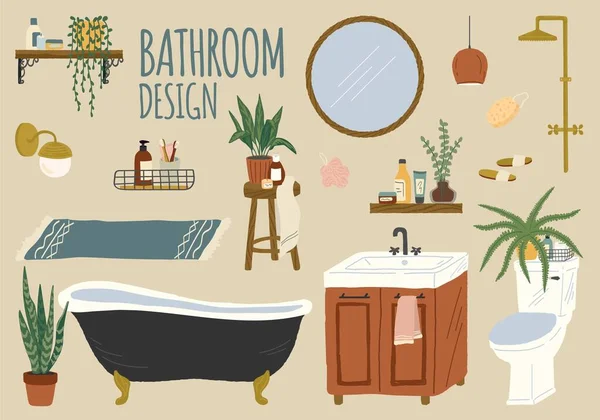 Vector set of bathroom accessories and furniture. Hand drawn home bath interior isolated objects. Bathtub, shower, washbasin, shampoo, toilet, mirror — Stock Vector