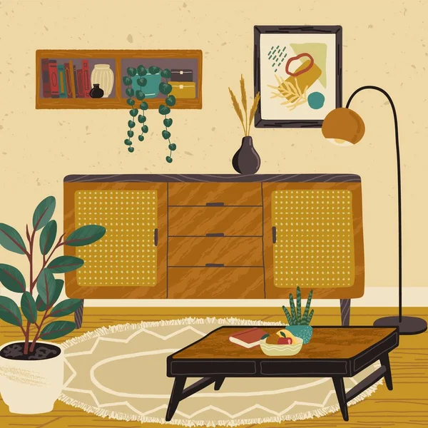 家庭现代室内设计。客厅内手绘矢量图解.舒适的房间家具和配件。储物柜、壁画、书架和咖啡桌 — 图库矢量图片