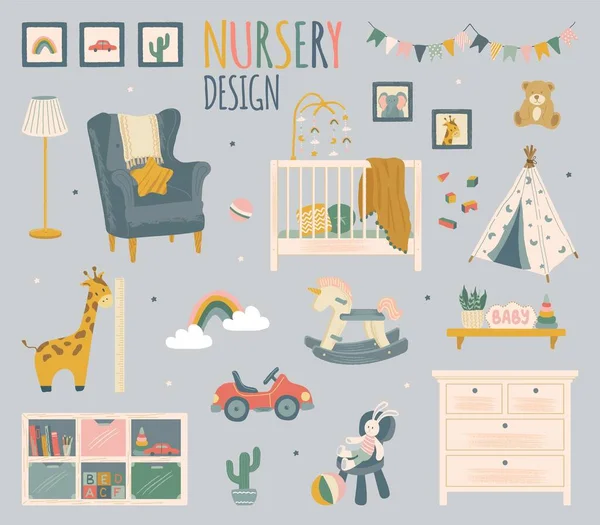 Conjunto vectorial de accesorios y muebles de habitación de vivero. Hogar habitación infantil elementos de diseño de interiores modernos. Objetos aislados dibujados a mano Cuna, juguetes, armario de almacenamiento — Vector de stock