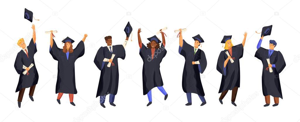 Group of graduate students wearing gown and graduation cap. University students hold diploma and celebrate graduation day. People isolated, vector illustration. College ceremony, academic degree
