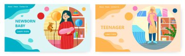 Çocuk geliştirme sayfası tasarımı, web pankartı vektör şablonları. Yeni doğan bebek büyüyor, ergen oluyor. Yaşam döngüsü.