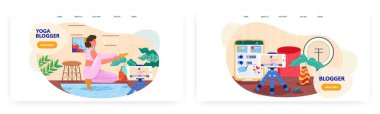 Yoga blogcusu iniş sayfası tasarımı, web sitesi pankart vektör şablonu. Kız çalıştırıcı vlog kaydedicisi video, blog içeriği.