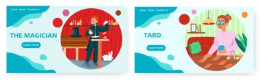 Sihirli iniş sayfası tasarımı, web sitesi pankart vektör şablonu seti. Tarot kartlı falcı, sihirbaz gösterisi, numaralar.