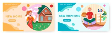 Yeni ev iniş sayfası tasarımı, web sitesi sancak vektör şablonu seti. Mutlu insanlar yeni evi ve rahat mobilyaları seviyor..