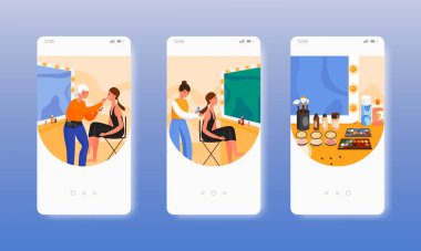 Soyunma odası. Makyaj odası. Moda endüstrisi. Mobil uygulama ekranları, vektör web sitesi pankart şablonu. UI, web sitesi tasarımı.