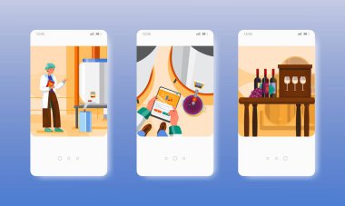 Şaraphane Üzüm Şarap üretim fabrikası. Mobil uygulama ekranları, vektör web sitesi pankart şablonu. UI, web sitesi tasarımı