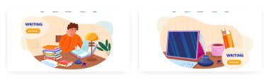 İniş sayfası tasarımı, web sitesi pankart vektör şablonu yazılıyor. Yazar gazeteci öğrenci çalışıyor, masa başında çalışıyor.