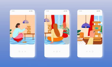 Yerde oturmuş Jenga oyunu oynayan bir kadın. Mobil uygulama ekranları, vektör web sitesi pankart şablonu. UI, web sitesi tasarımı