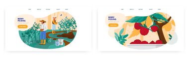 Böğürtlen toplama sayfası tasarımı, web sitesi sancak vektör şablonu seti. Bahçede olgun ahududu hasat eden çiftçiler
