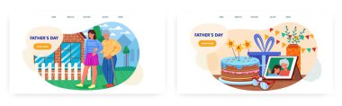 Babalar Günü iniş sayfası tasarımı, web sitesi afiş vektör şablonları. Babası, kızı, pastası, hediyeleri. İyi tatiller.