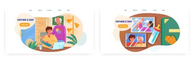Fathers day landing page design, website banner vector template set. Senior dad with son, grandson. Happy holiday.