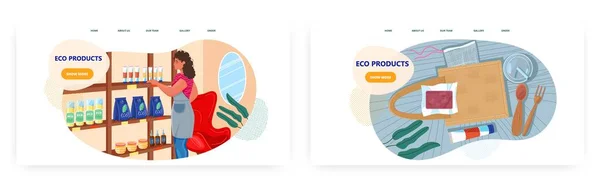 Eco-vriendelijke producten winkel, landing page design, website banner vector templates. Natuurlijke cosmetica, voedsel, tas, bestek. — Stockvector