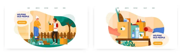 Helping old people landing page design, website banner vector template set. Grocery bag for senior woman. Elderly care.