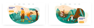 Couple picking mushrooms in forest, landing page design, website banner vector template. Outdoor autumn activity, hobby.