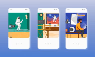 Chroma anahtar film stüdyosu. Yeşil ekran teknolojisi. Mobil uygulama ekranları, vektör web sitesi pankart şablonu. UI, web sitesi tasarımı