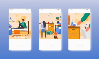 Temizlikten önce, dağınık, temiz öğrenci odası. Mobil uygulama ekranları, vektör web sitesi pankart şablonu. UI web sitesi tasarımı