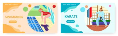 Spor iniş sayfası tasarımı, web sitesi afiş vektör şablonu seti. Yüzme ve karate sporu aktiviteleri. Sağlıklı yaşam tarzı.