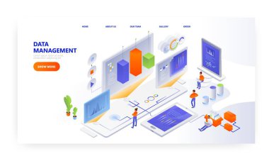 Veri yönetimi iniş sayfası tasarımı, web sitesi pankart vektör şablonu. İnsanlar grafiklerle etkileşime girer, verileri analiz eder..