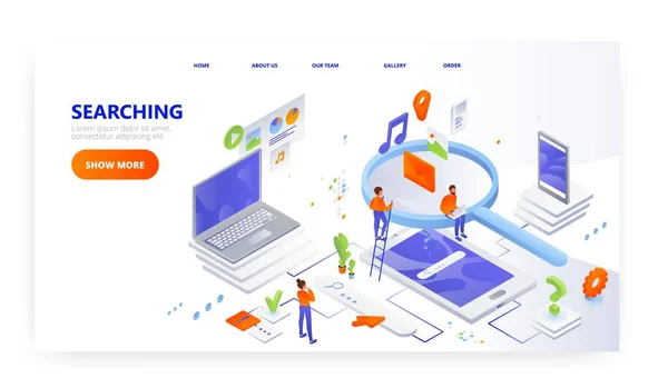 Buscando diseño de landing page de información, banner de sitio web vectorial. Oficina de personas con lupa dispositivos móviles — Archivo Imágenes Vectoriales