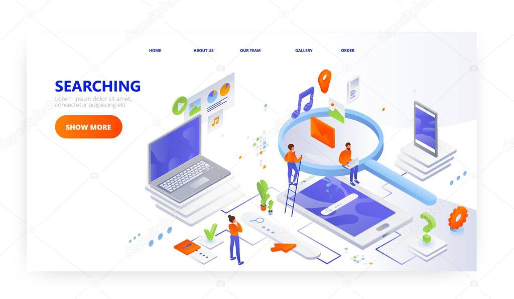 Searching for information landing page design, vector website banner. Office people with magnifying glass mobile devices