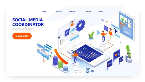 Social media coordinator landing page design, website banner vector template. Marketing manager job. — Archivo Imágenes Vectoriales