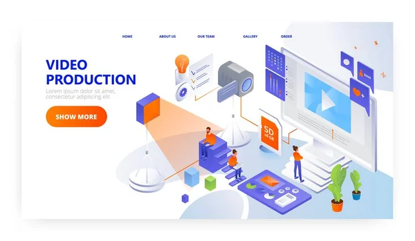 Video production landing page design, website banner vector template. People making content in studio for social media. — Archivo Imágenes Vectoriales