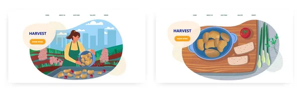 Harvest landing page design, website banner vector template set. Farmer harvesting potato. Agriculture, farming. — Stok Vektör