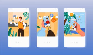 Mesafe iletişimi. Birkaç görüntülü arama. Mobil uygulama ekranları, vektör web sitesi pankart şablonu. UI, web sitesi tasarımı.