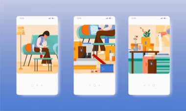 İnternetten kadın alışverişi. Alışverişkolik. Mobil uygulama ekranları, vektör web sitesi pankart şablonu. UI, web sitesi tasarımı.