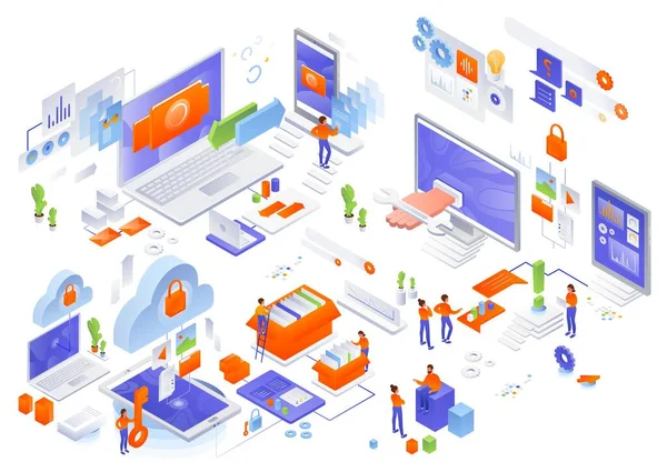 Gestión de red, conjunto de iconos isométricos vectoriales. Almacenamiento en la nube, sincronización de datos, servicios de soporte técnico. — Archivo Imágenes Vectoriales