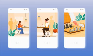 İki kadın satranç tahtası turnuvası oynuyor. Mobil uygulama ekranları, vektör web sitesi pankart şablonu. UI, web sitesi tasarımı.