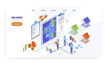 Teslimat, iniş sayfası tasarımı, web sitesi afiş vektör şablonu. Çevrimiçi ev dağıtım servisi.