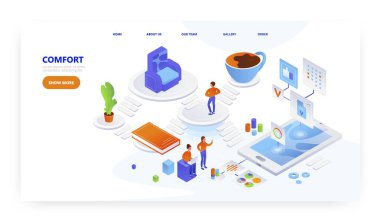 Konfor, iniş sayfası tasarımı, web sitesi pankart vektör şablonu. Ev konforu uygulaması.