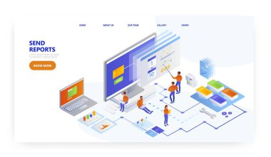 Rapor gönder, iniş sayfası tasarımı, web sitesi pankart vektör şablonu. Veri aktarımı.
