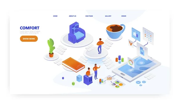 Comodidad, diseño de landing page, plantilla de vector de banner del sitio web. Inicio comodidad aplicación. — Archivo Imágenes Vectoriales