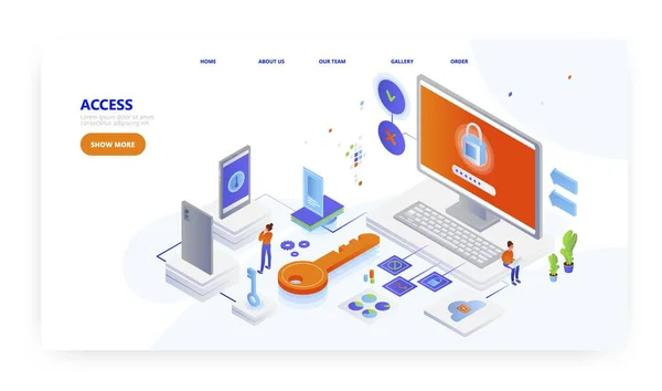 Zugriff, Landing Page Design, Website-Banner-Vektor-Vorlage. Sichere Passwort-Login-Informationen für den Zugriff auf Apps, Konten. — Stockvektor