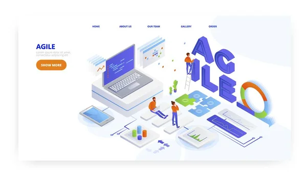 Çevik yazılım geliştirme, iniş sayfası tasarımı, web sitesi pankart vektör şablonu.