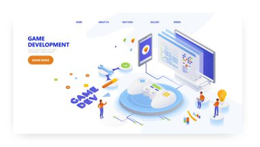 Oyun geliştirme, iniş sayfası tasarımı, web sitesi pankart vektör şablonu. Oyun endüstrisi.